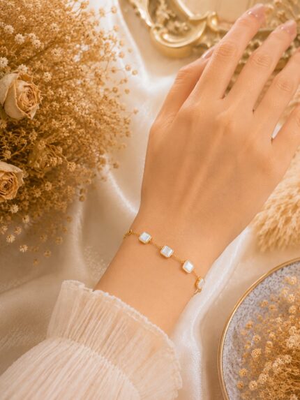 Golden Pearl Square Charm Bracelet
