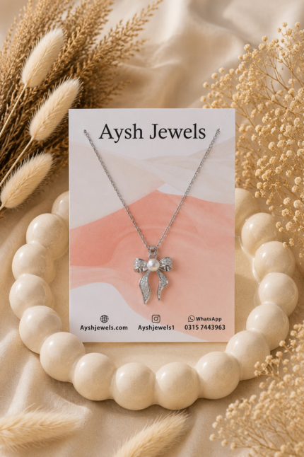 Elegant Silver Bow Pearl Pendant Necklace
