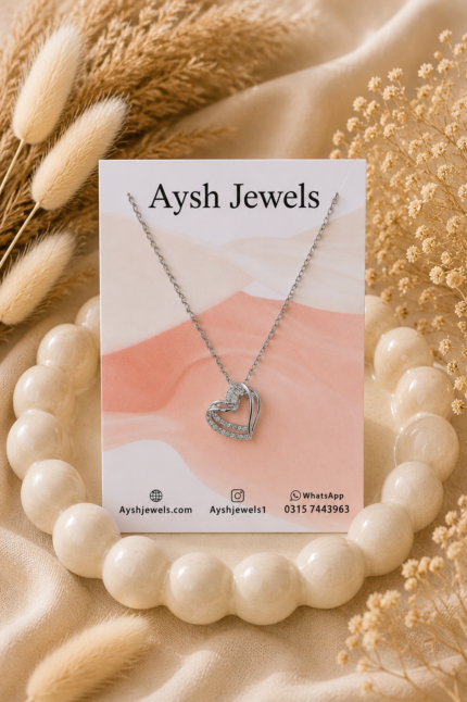 Silver Double Heart Pendant Necklace | Crystal Heart Layered Necklace stainless steel